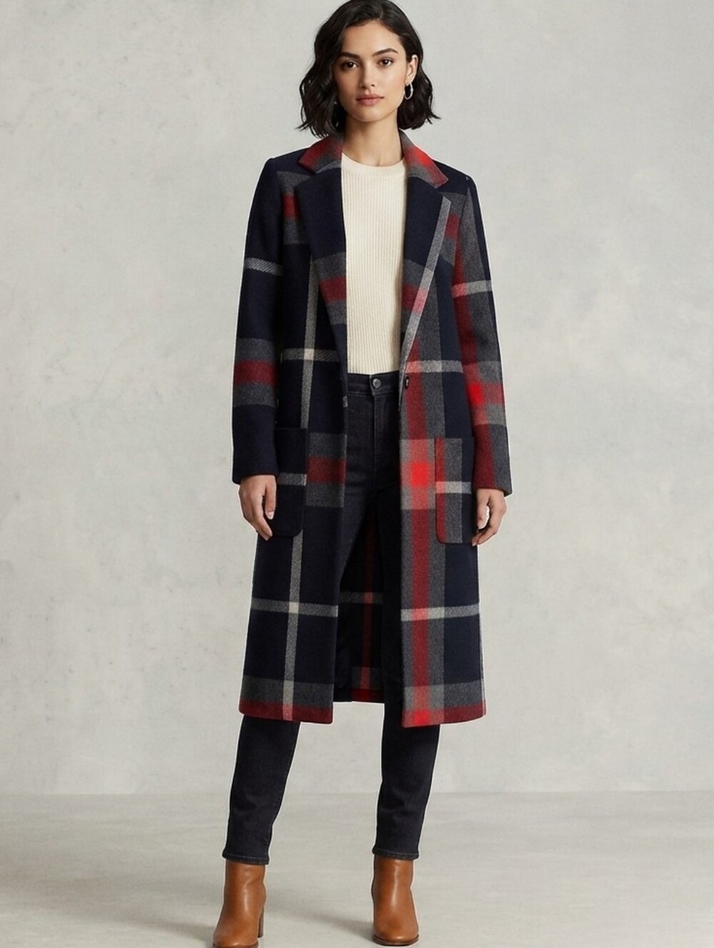 Plaid Long Coat in Navy and Red - Women